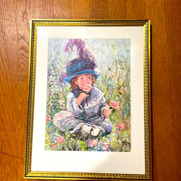 Impressionist Style Offset Color Lithograph of a young child smelling the roses.
